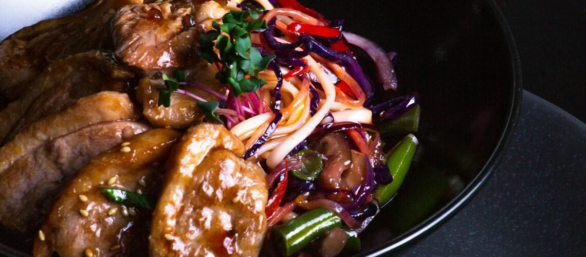 a bowl of food with meat and vegetables