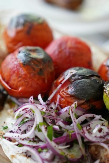 grilled vegetables and meat platter close up